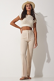 Yüksek bel önü çimalı crep palazzo pantolon